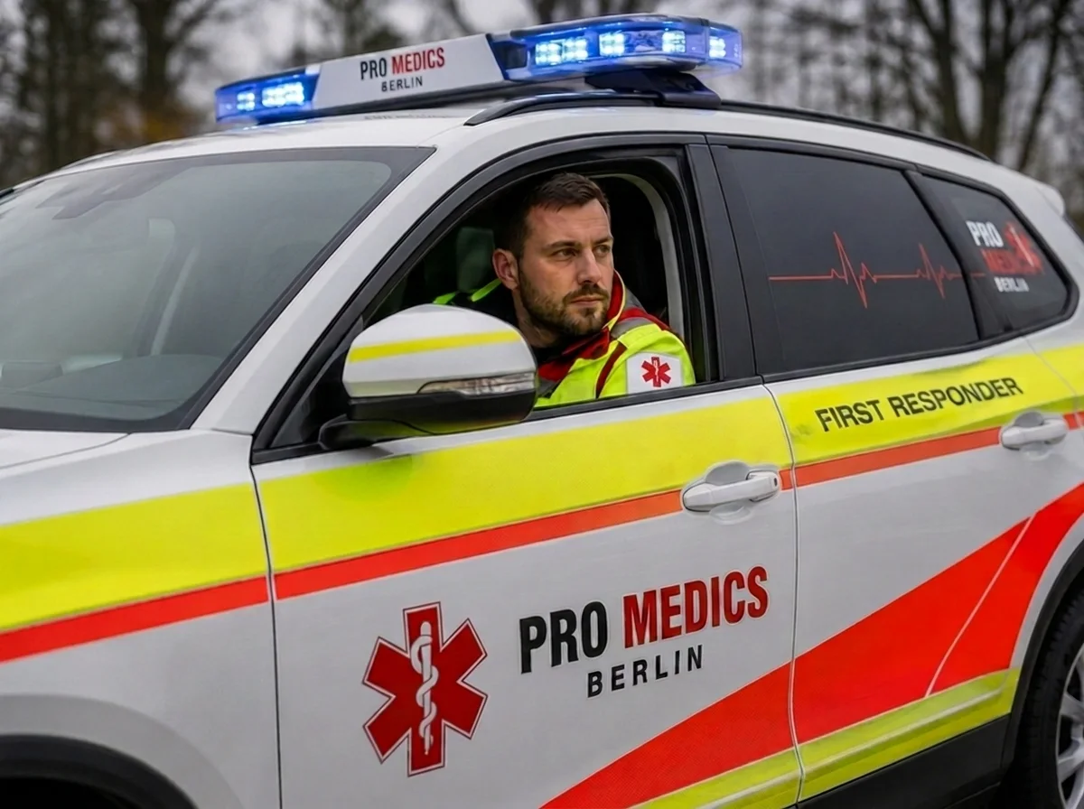Einsatzfahrzeug und Sanitäter von PRO MEDICS BERLIN